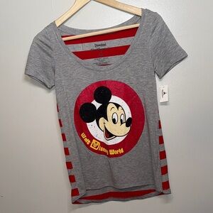Disneyland Mickey Mouse Graphic Tee Gray Red Striped Size XS Blue